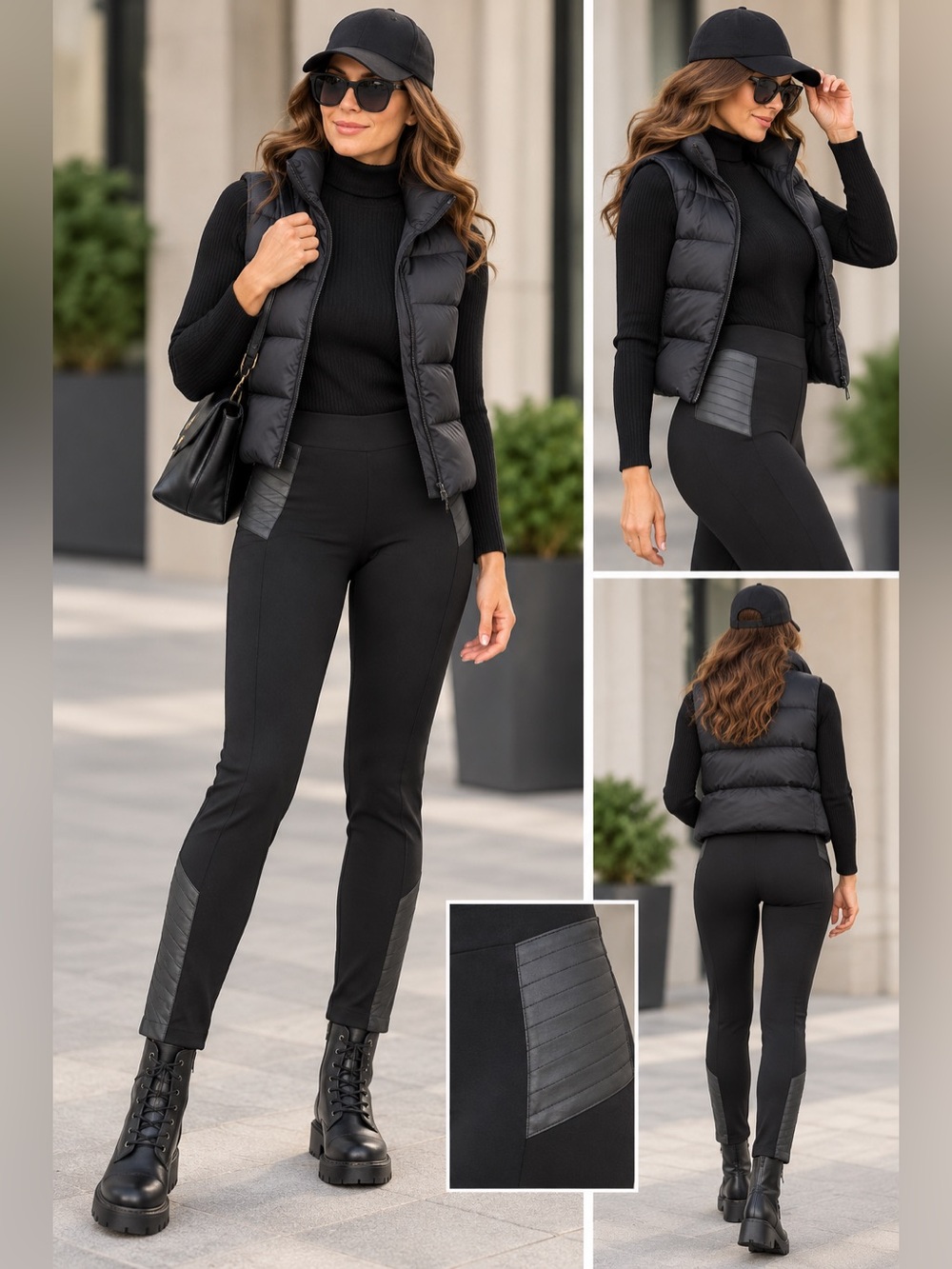 Black High-Waist Slim Ponte Pants with Faux-Leather Panels - side 6 petite